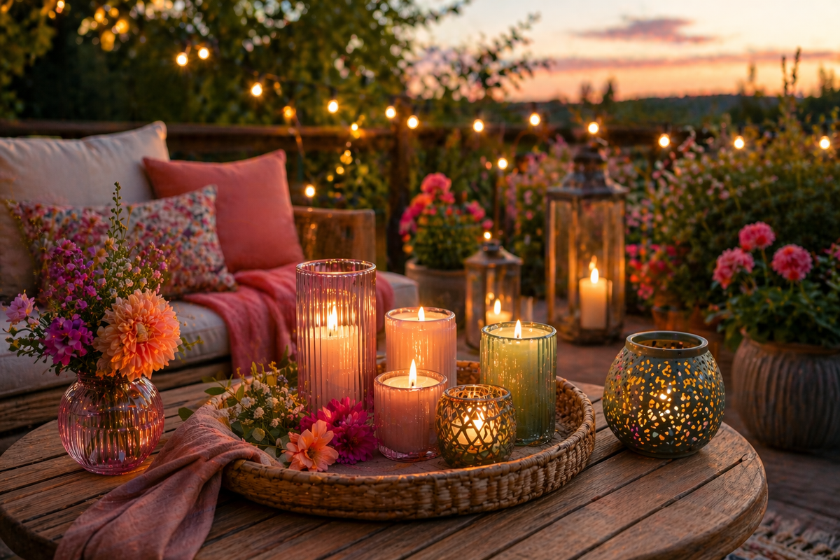 Gemütliche Balkon- und Gartendeko mit Kerzen