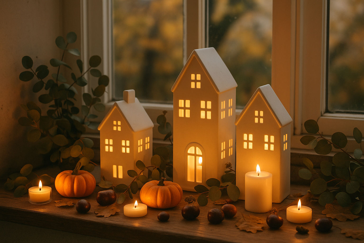 Lichthäuser: Fenster herbstlich dekorieren mit Lichthäusern & Kerzenlicht