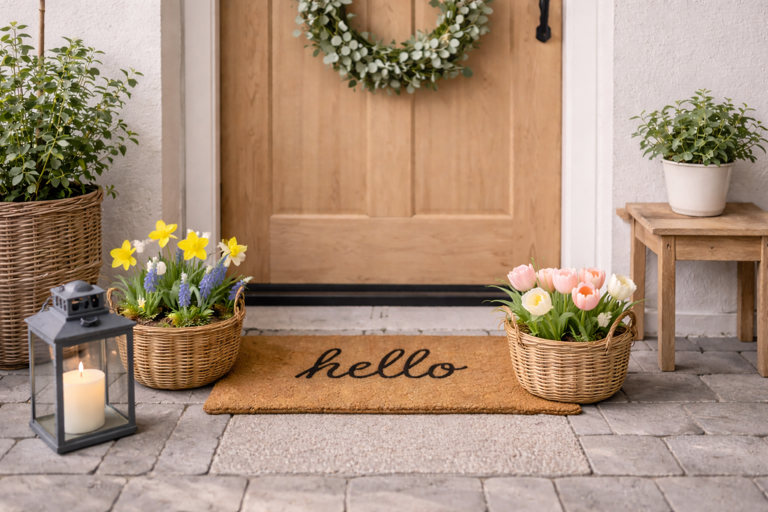Frühlingsdeko für die Haustür: Körbe, Blumen und Fußmatten kombinieren