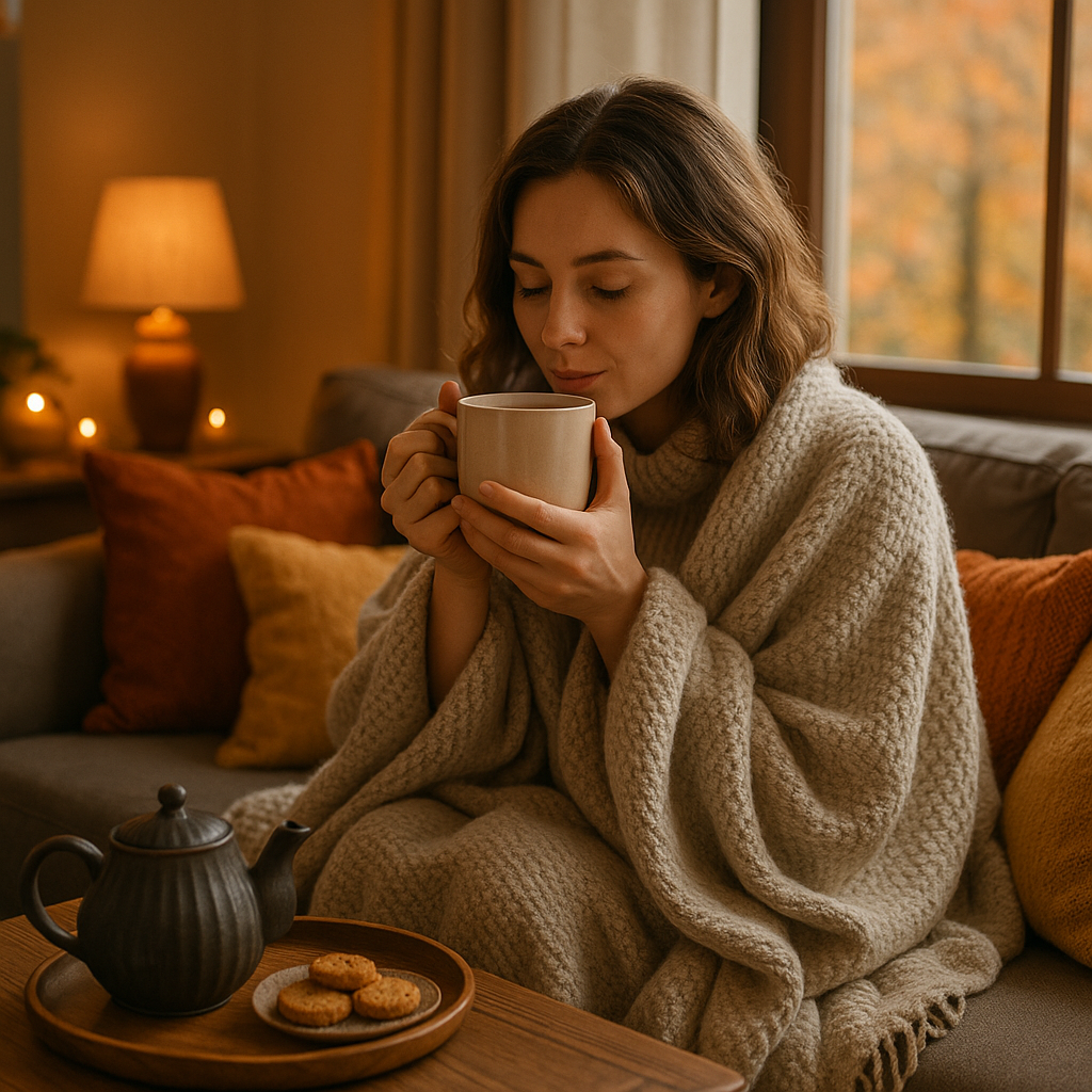 Ein gemütlicher Herbsttag zu Hause: Teezeit trifft Kuscheldecke
