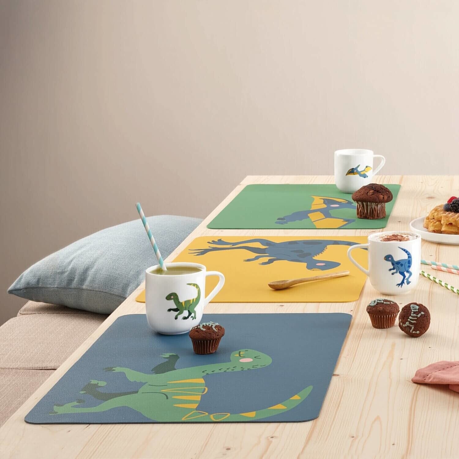 Kindertischset in Lederoptik "Xiaosaurus Xabi" - 33x46 cm  (Gelb/Grau)