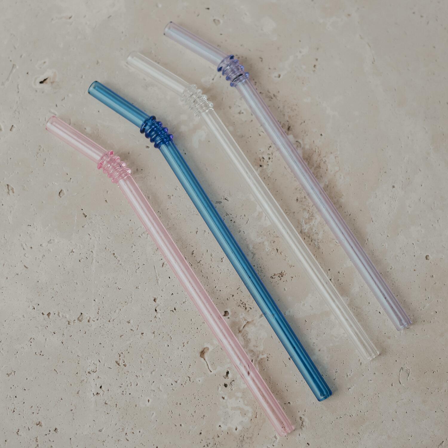 Geknickte Glas-Strohhalme im 4er-Set - 20 cm (Rosa/Flieder/Transparent/Blau) Eulenschnitt