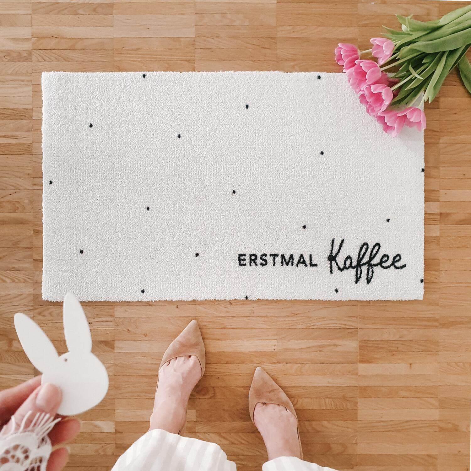 Waschbare Fußmatte "Erstmal Kaffee" - 75x45 cm (Creme) Eulenschnitt