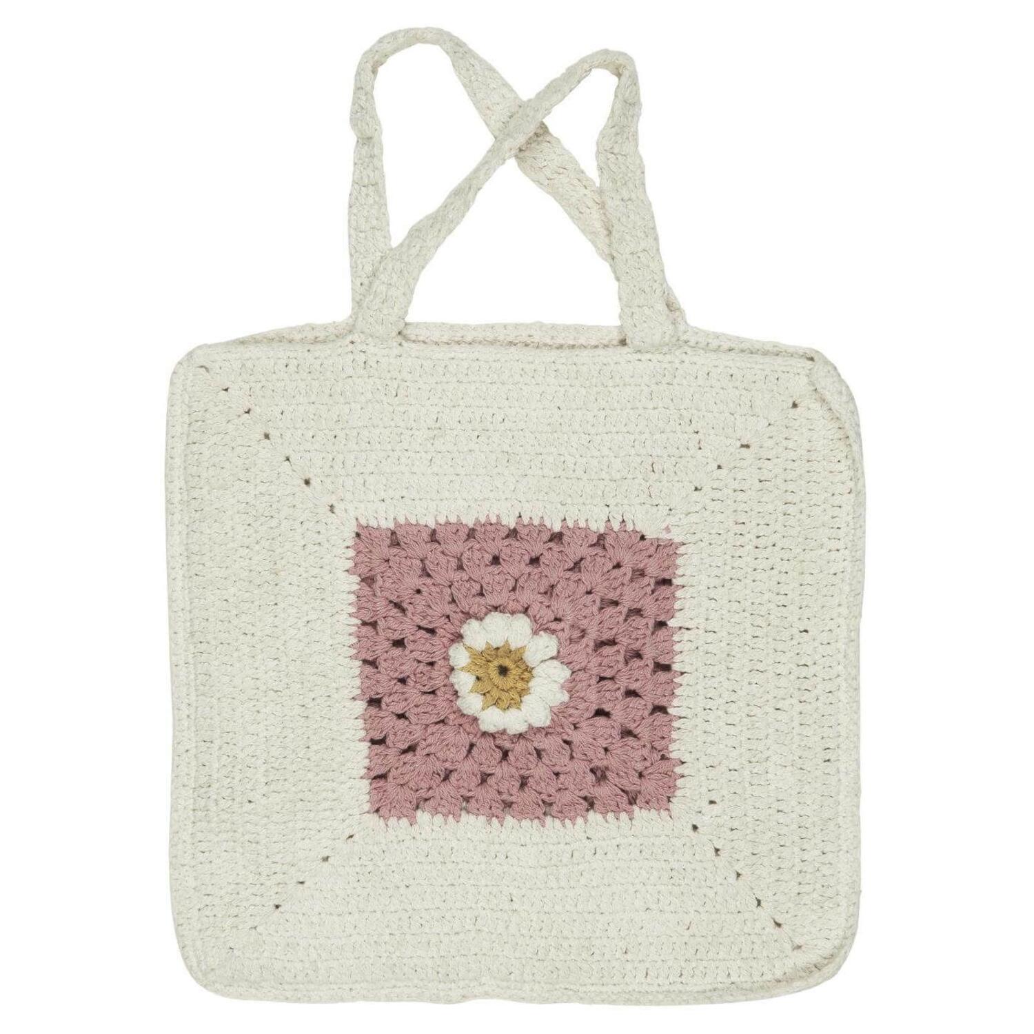 Gehäkelte Tasche mit Blume - 40x40 cm (Coral Almond/Butter Cream) Ib Laursen