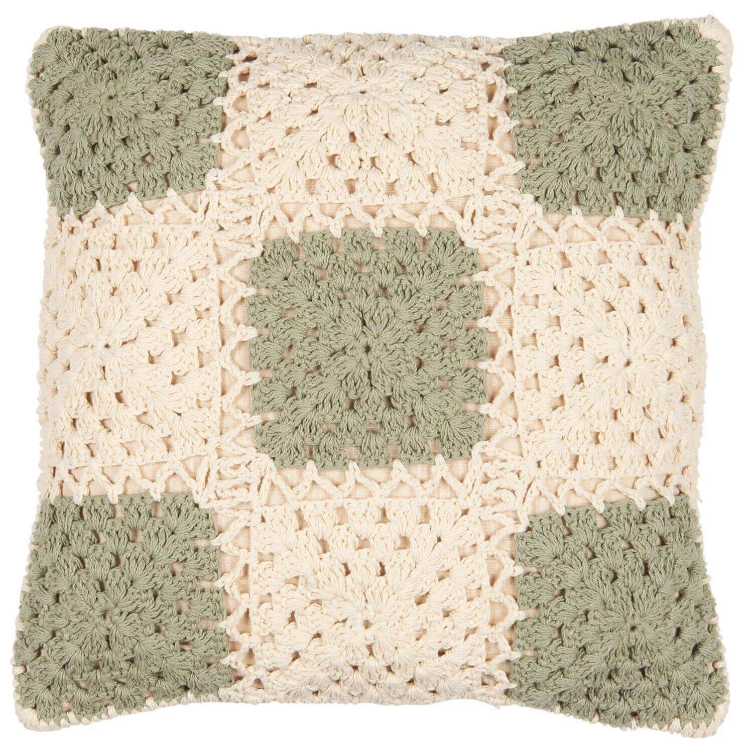 gehäkelter Kissenbezug - 50x50 cm (Creme/Grün)