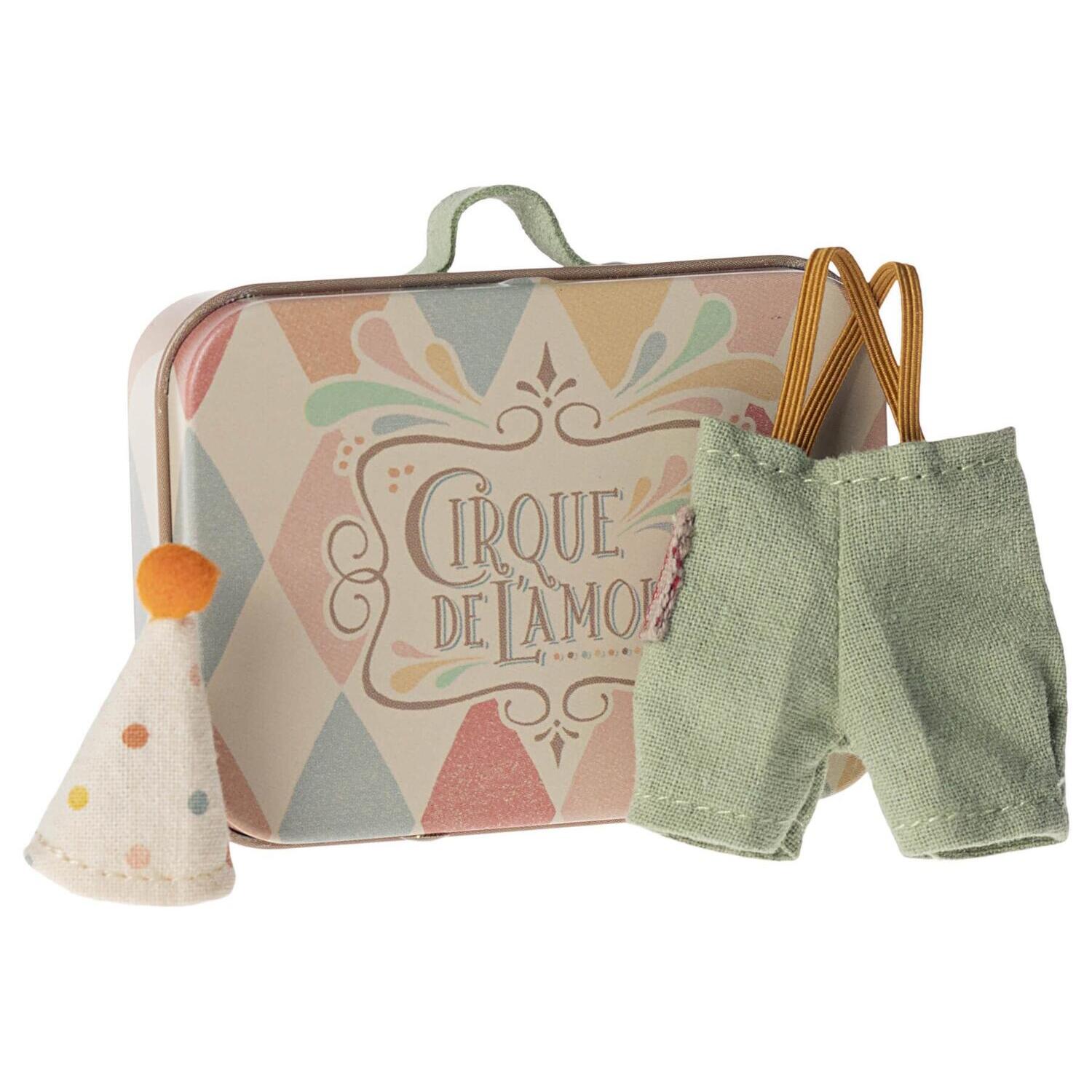 Maus Clownskleidung im Miniatur Koffer - Großer Bruder (Bunt) Maileg