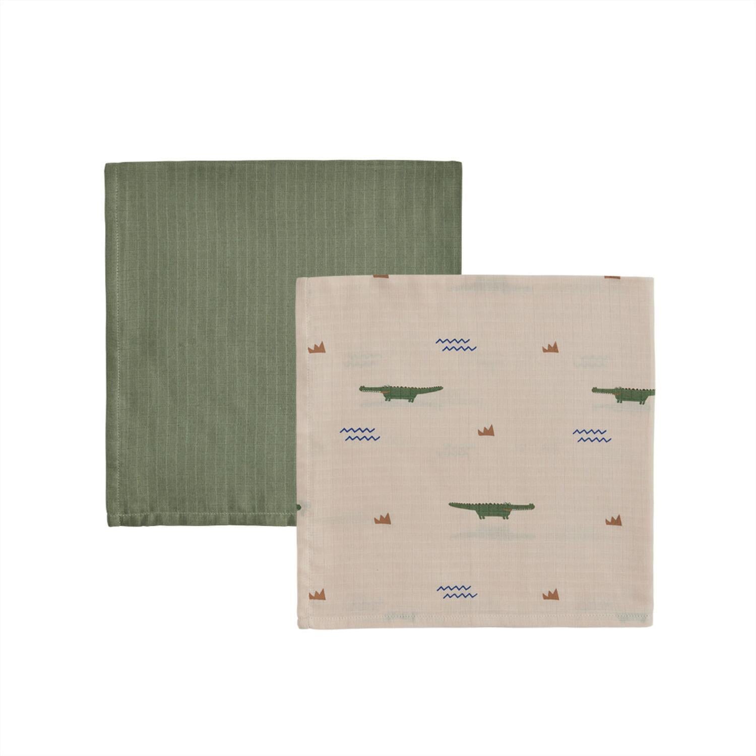Musselintücher "Krokodil" im 2er-Set - 65x65 cm (Beige/Olive Greenerer)