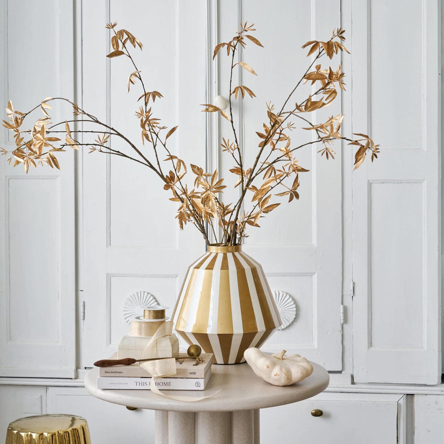 Vase "Stripes"- 35 cm (Weiß/Gold)