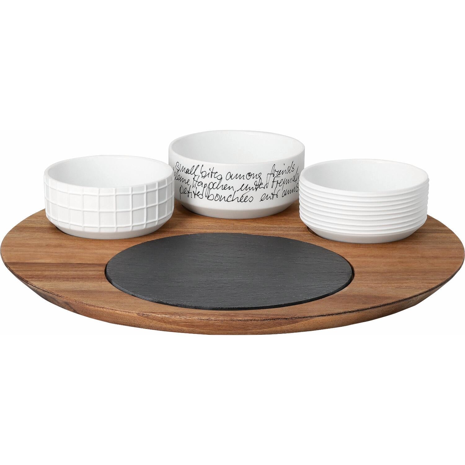 Servierbrett mit Schälchen "Häppchenweise - Gemeinsam" - 30x6 cm (Braun)