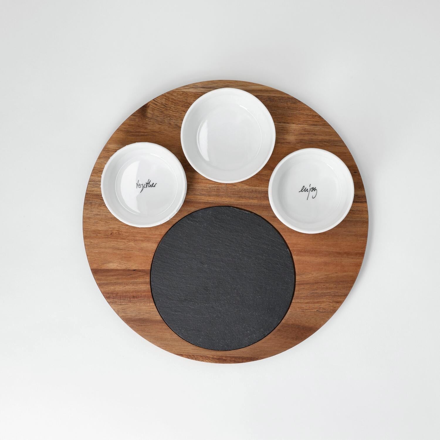 Servierbrett mit Schälchen "Häppchenweise - Gemeinsam" - 30x6 cm (Braun)