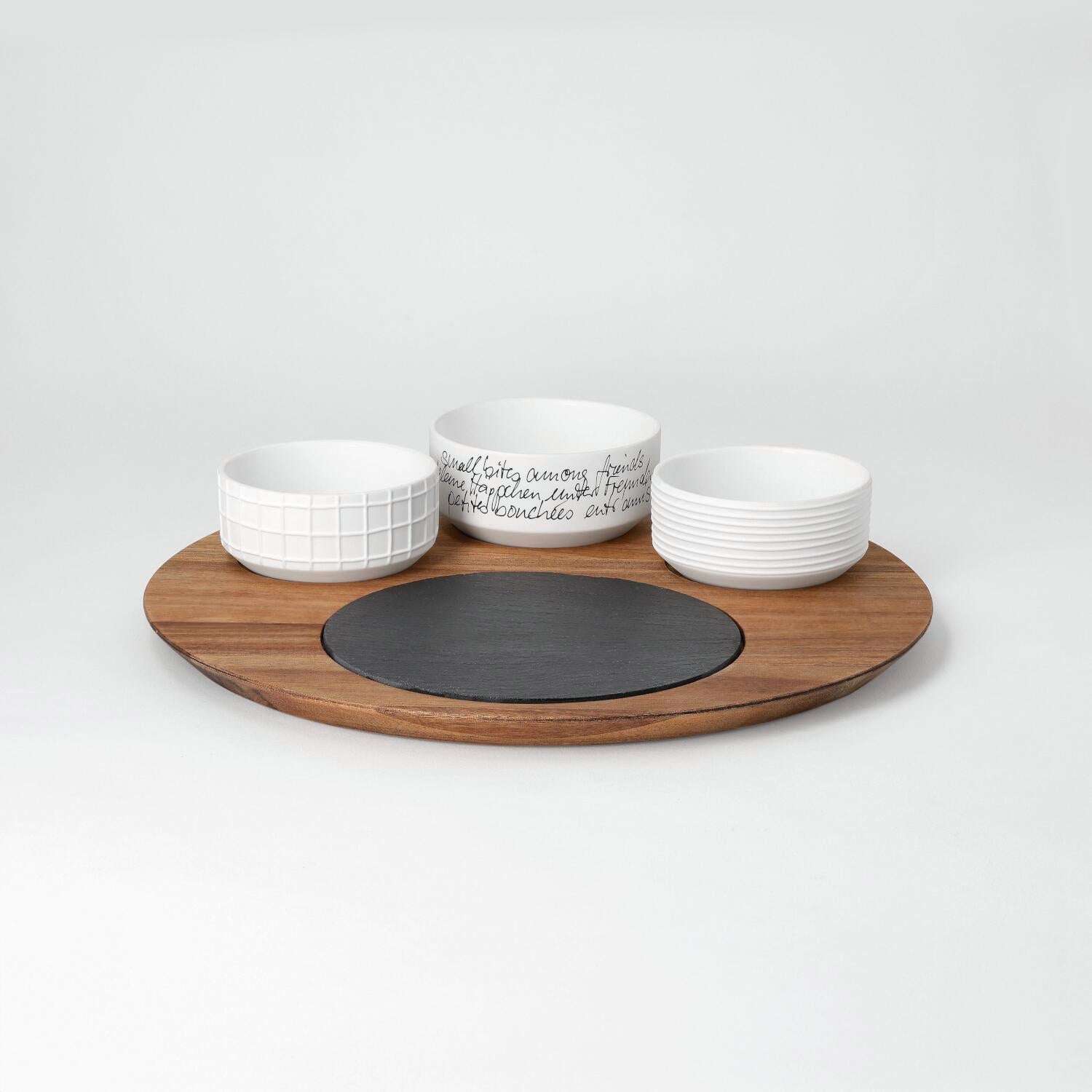 Servierbrett mit Schälchen "Häppchenweise - Gemeinsam" - 30x6 cm (Braun)