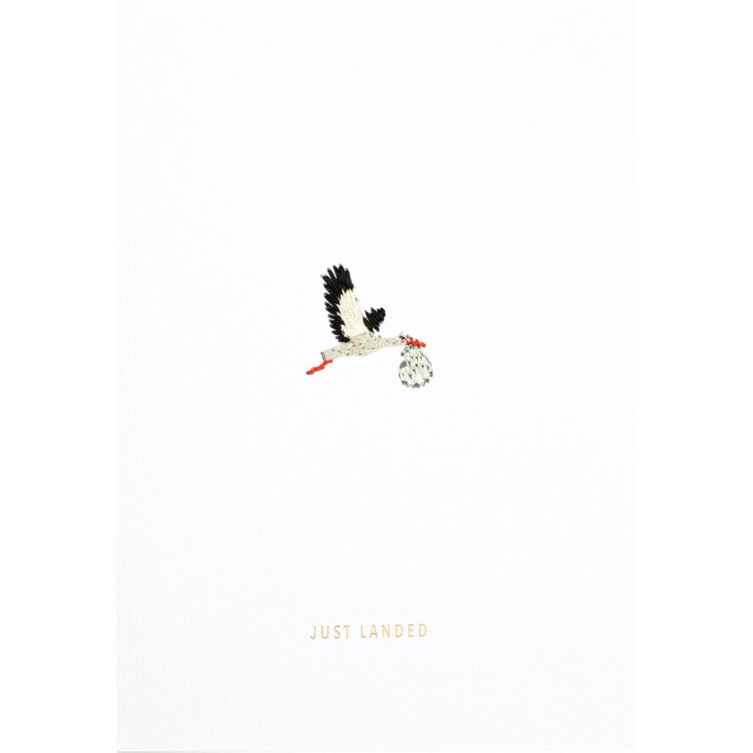 Bunte Stickereikarte "Just Landed" - 11,8x16,6 cm (Weiß) räder Design