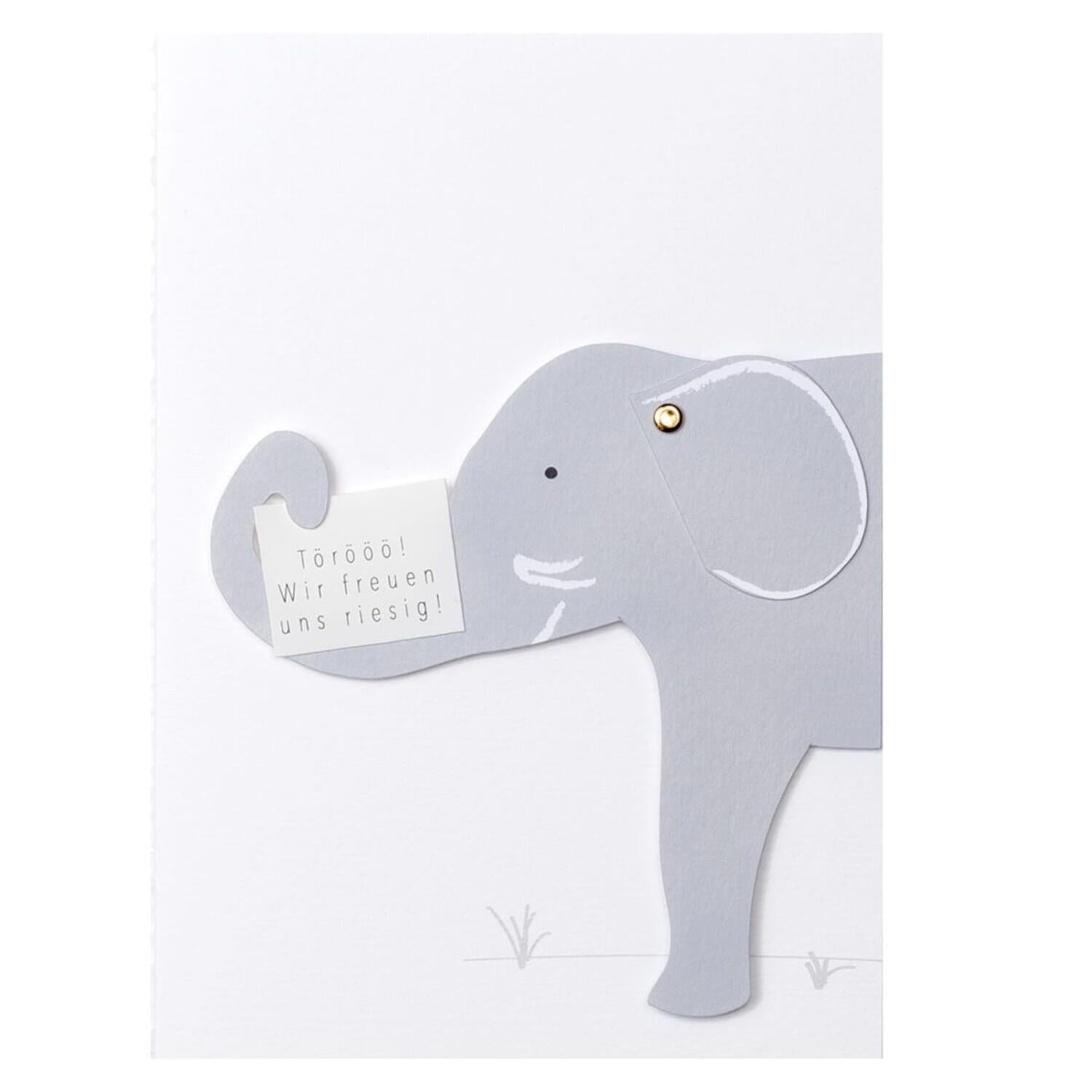Tierische Babykarte "Elefant - Wir freuen uns riesig!" - 18x12,5 cm (Weiß) räder Design