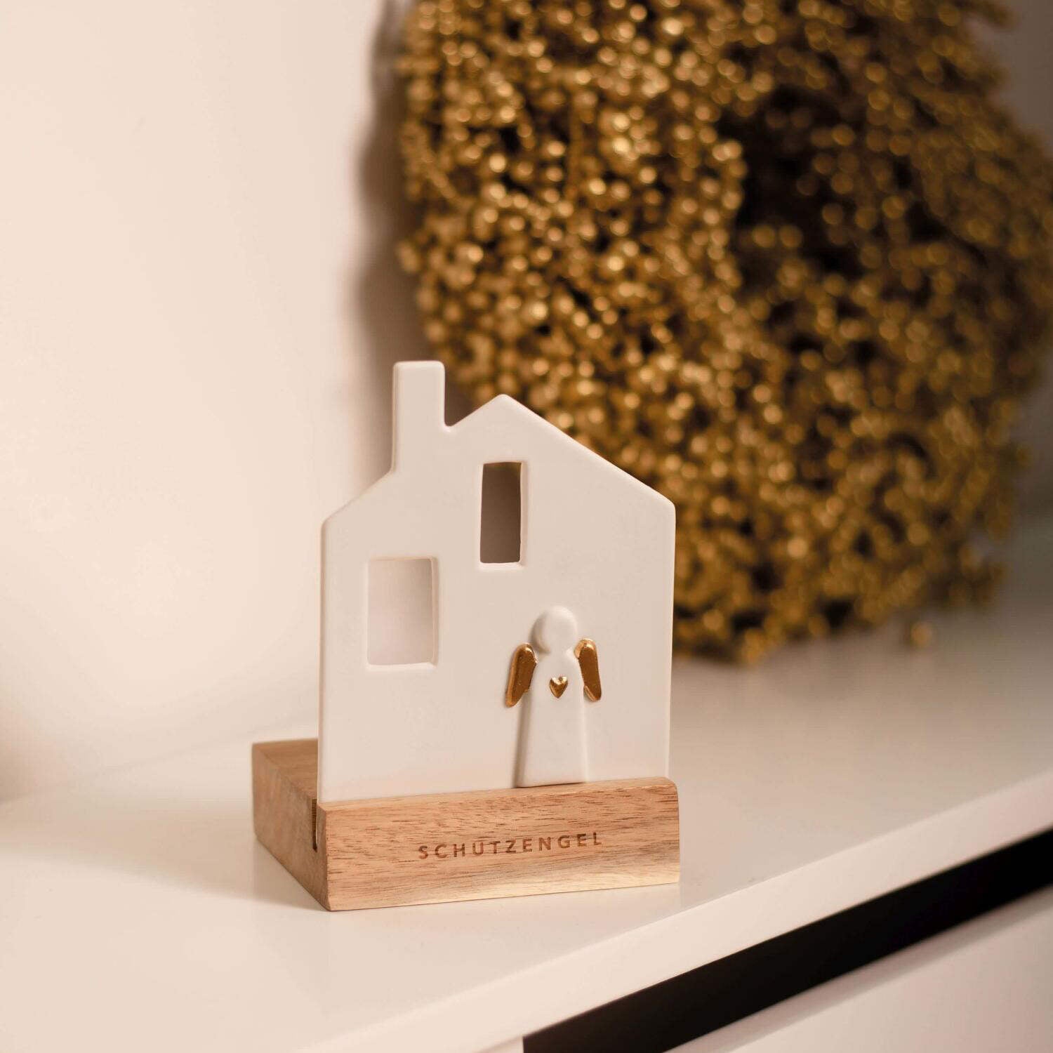 Lichtobjekt "Schutzengelhaus" - 9x6,5x13 cm (Weiß/Gold/Natur)