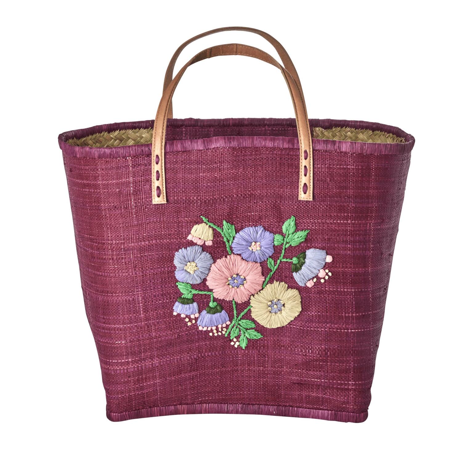 Tasche "Raffia - Heavy Flower" mit Lederhenkeln - L (Pink) Rice