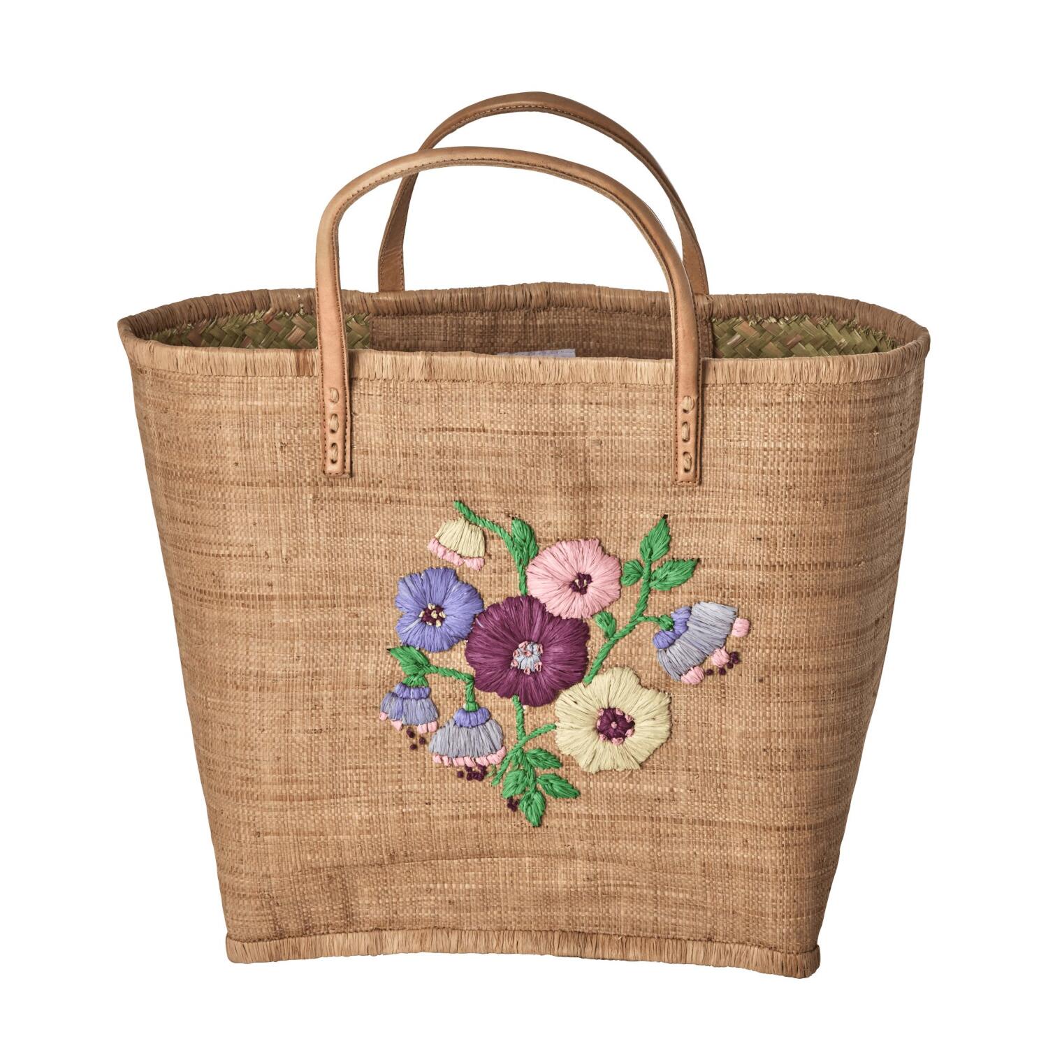 Tasche "Raffia - Heavy Flower" mit Lederhenkeln - L (Tea) Rice