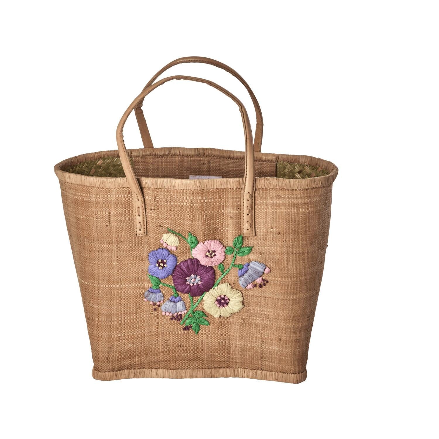 Tasche "Raffia - Heavy Flower" mit Lederhenkeln - M (Tea) Rice