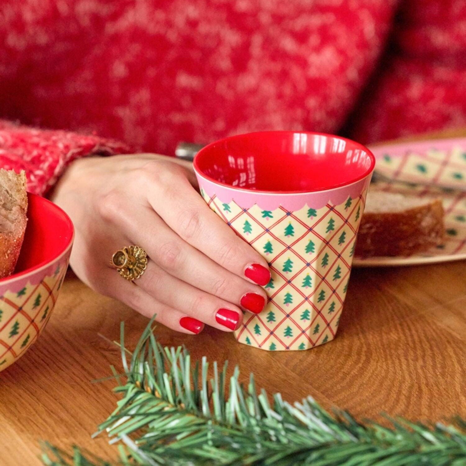 rice Melamin Becher "Diamond Christmas Tree" - M (Creme/Rosa)