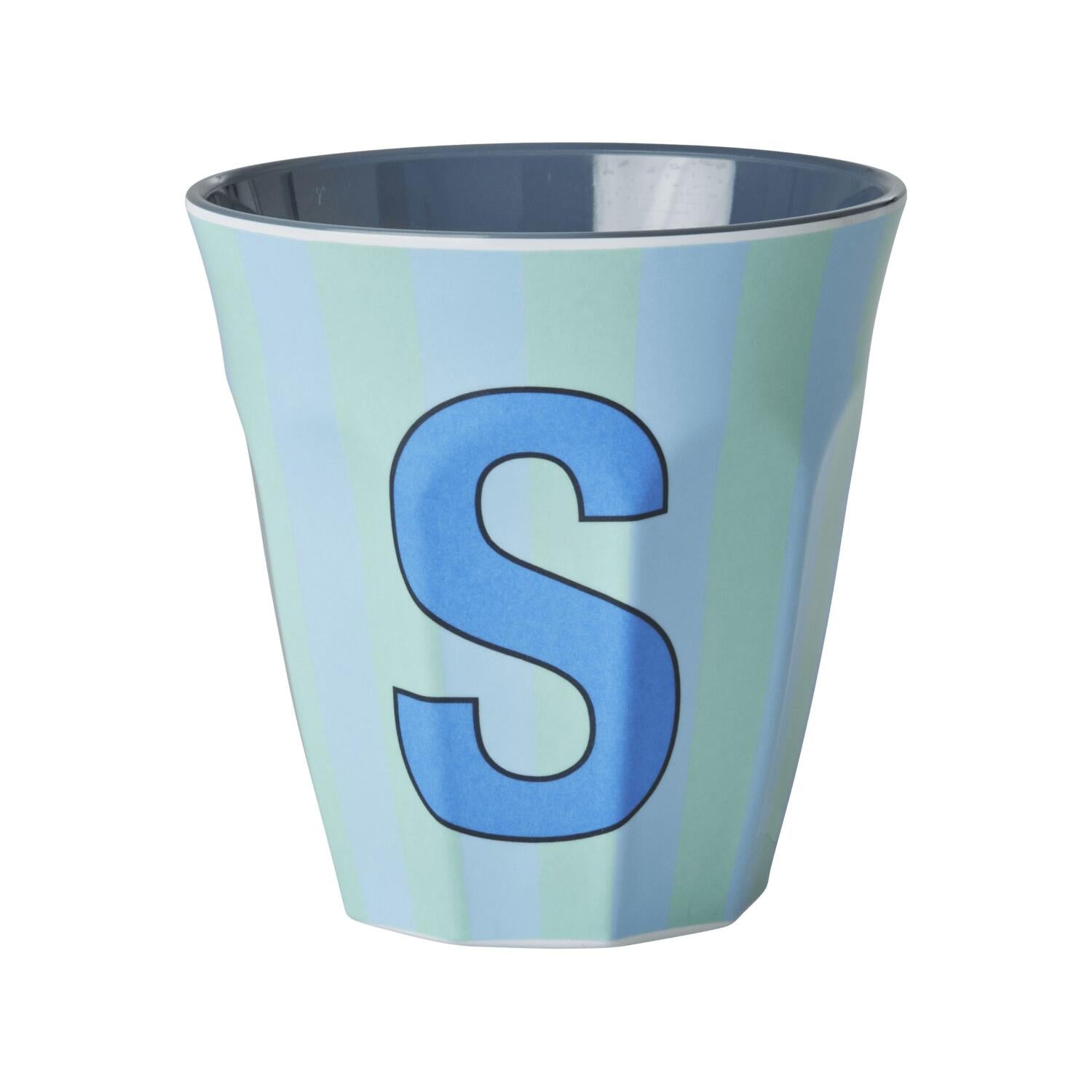 Melamin Becher mit Streifen "Buchstabe S" - Medium (Hellblau/Gelb) Rice