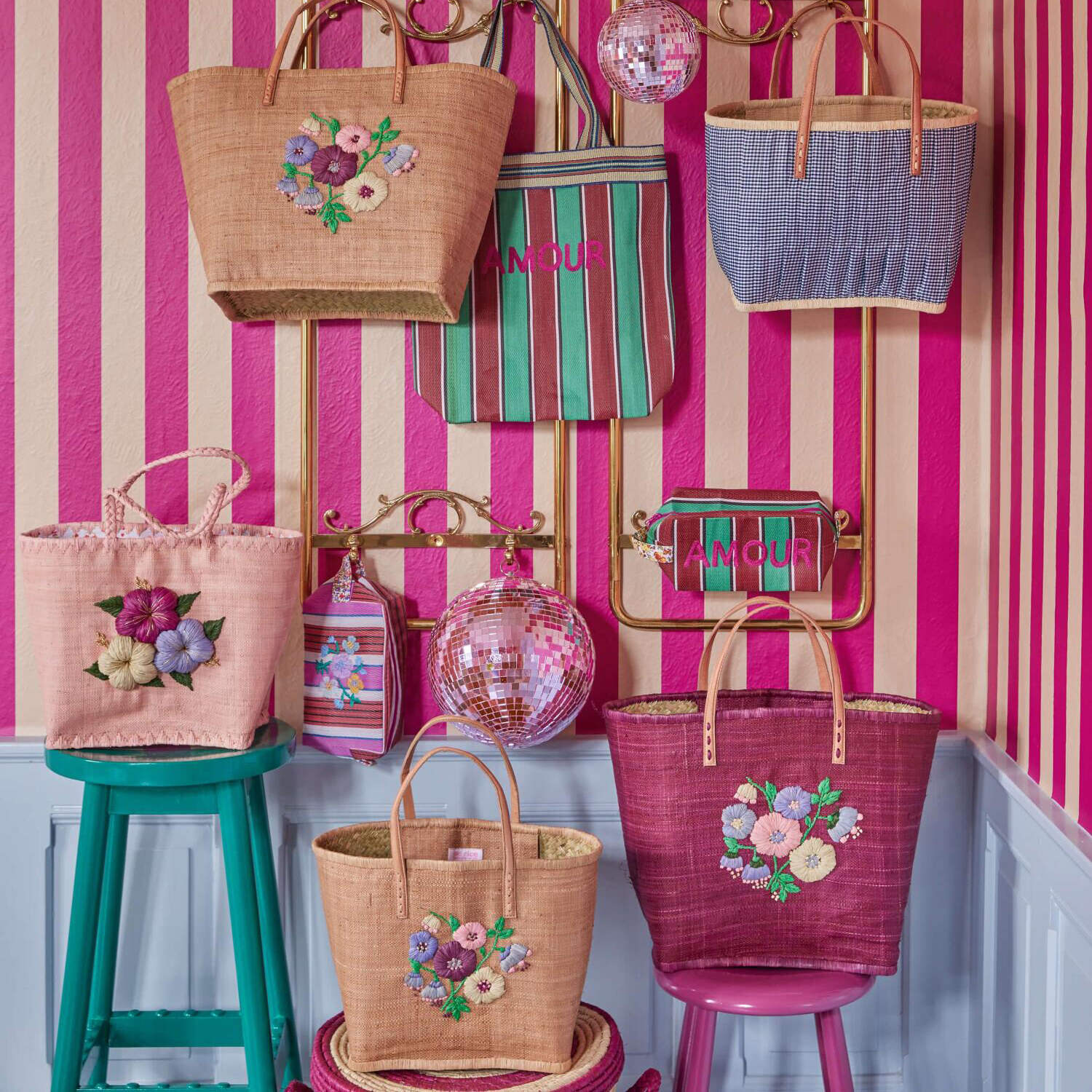 Tasche "Raffia - Heavy Flower" mit Lederhenkeln - L (Pink) Rice