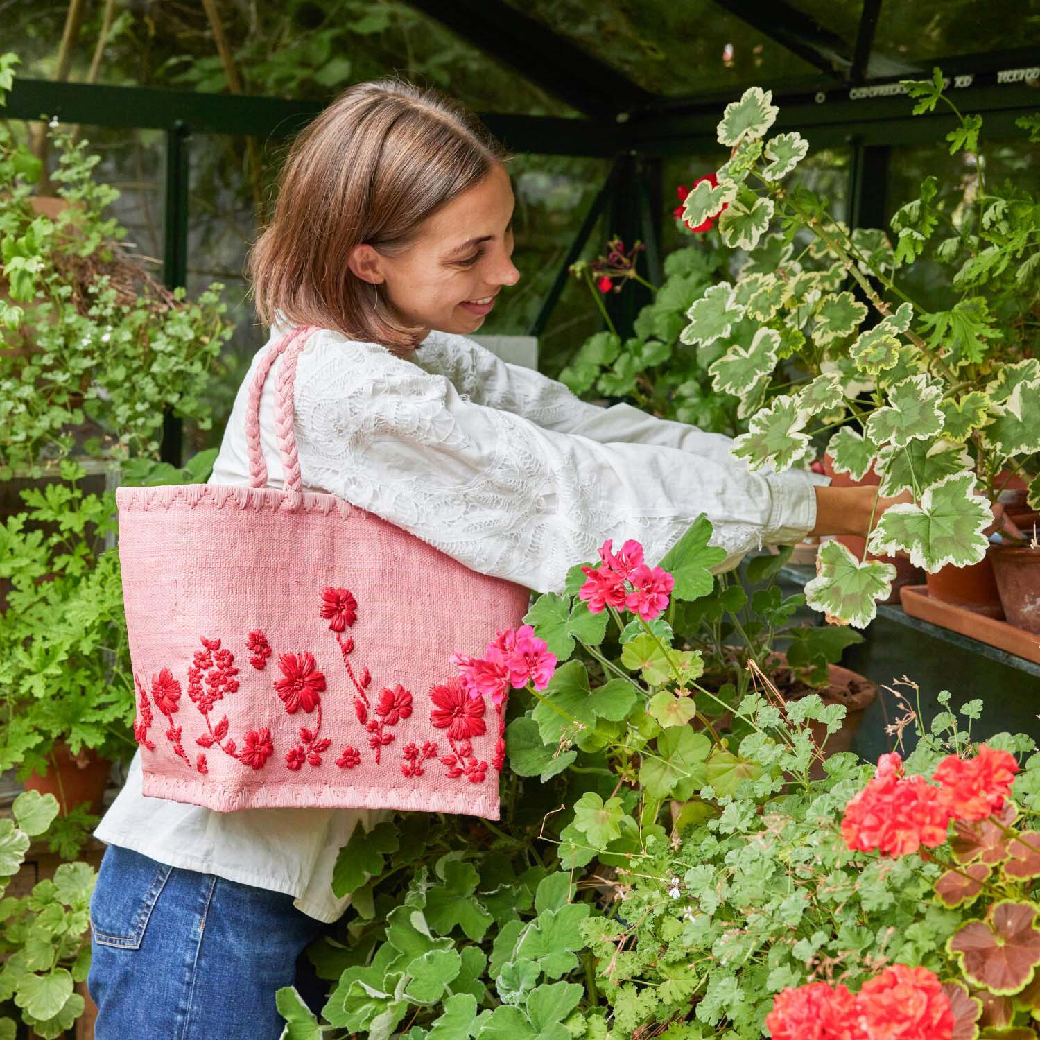 Tasche "Raffia - Flowers" - S (Rosa) Rice