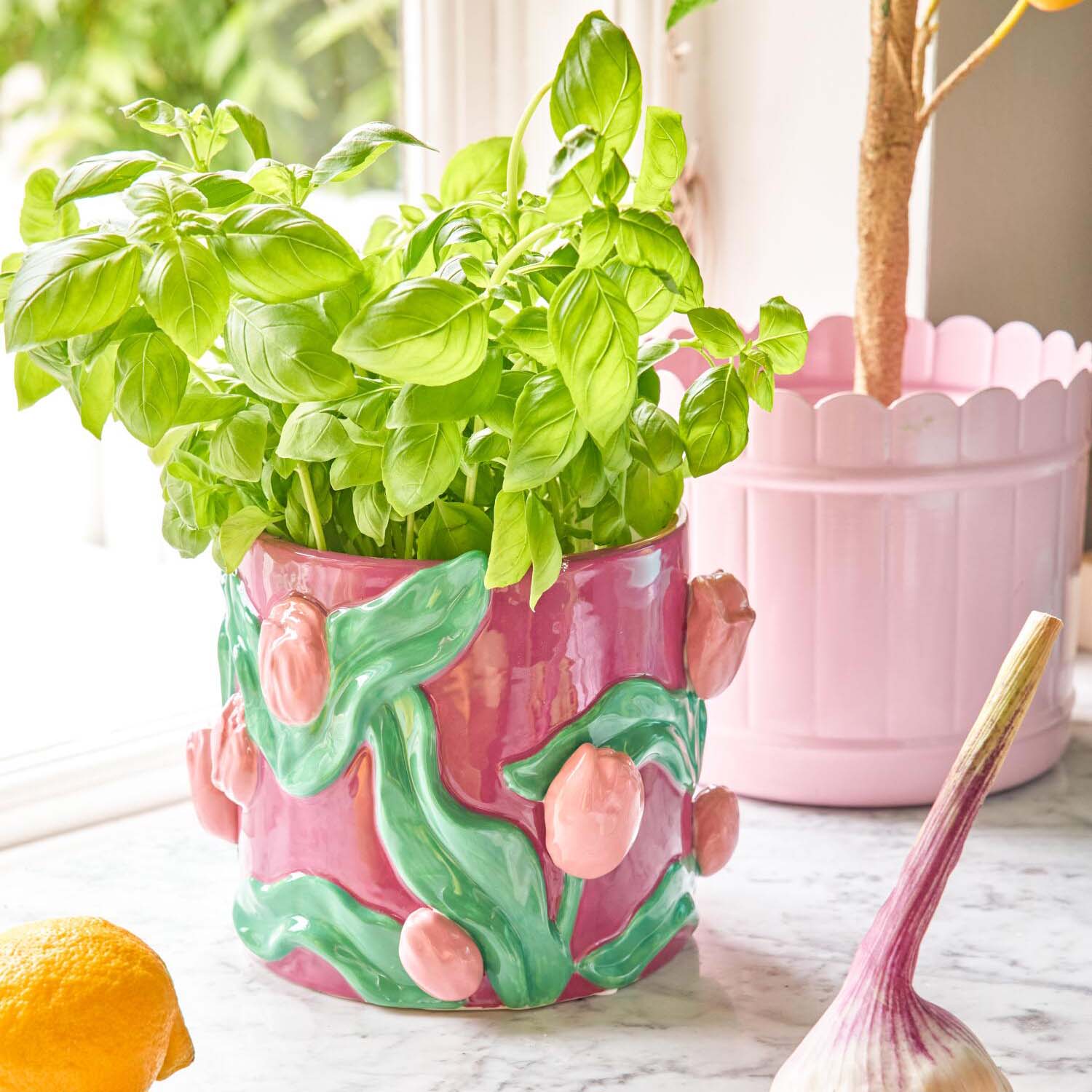 Blumentopf aus Keramik "Tulips" - 27x25x19,5 cm (Creme) Rice