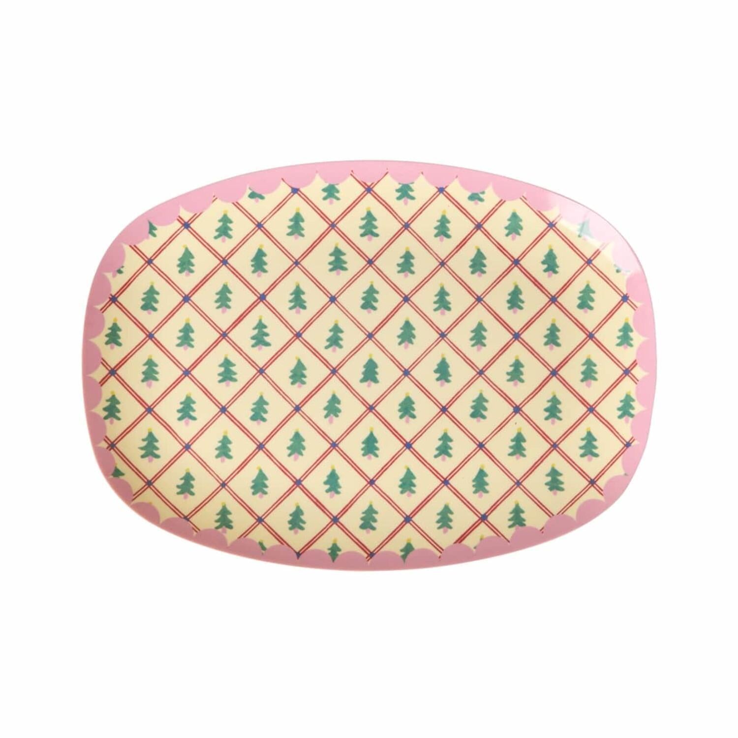 rice Melamin Platte rechteckig "Diamond Christmas Tree" - S (Creme/Rosa)