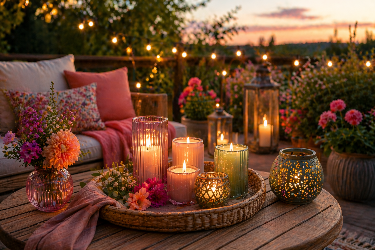 Gemütliche Balkon- und Gartendeko mit Kerzen