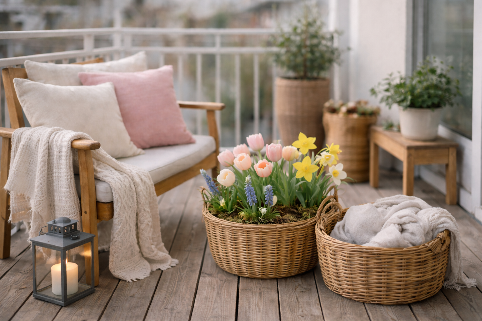 Balkon Frühlingsdeko: Körbe, Pflanzen, Kissen und kleine Dekoideen