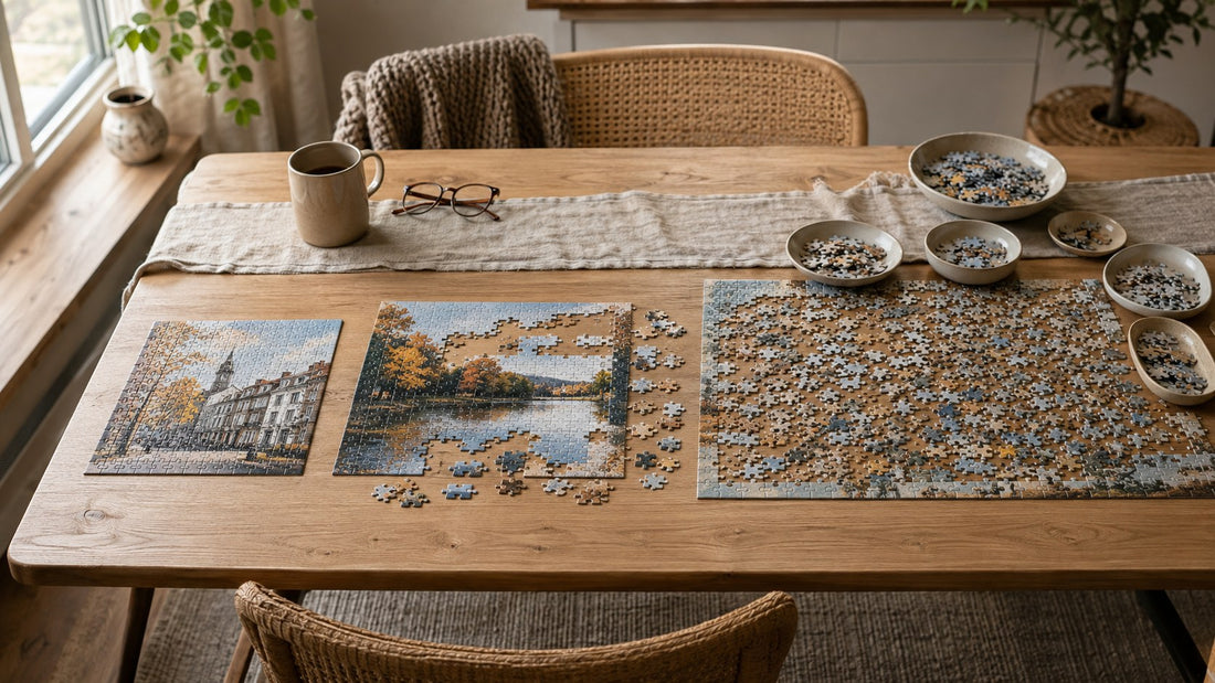 unterschiedliche große Puzzle auf Holztisch, KI-generiert