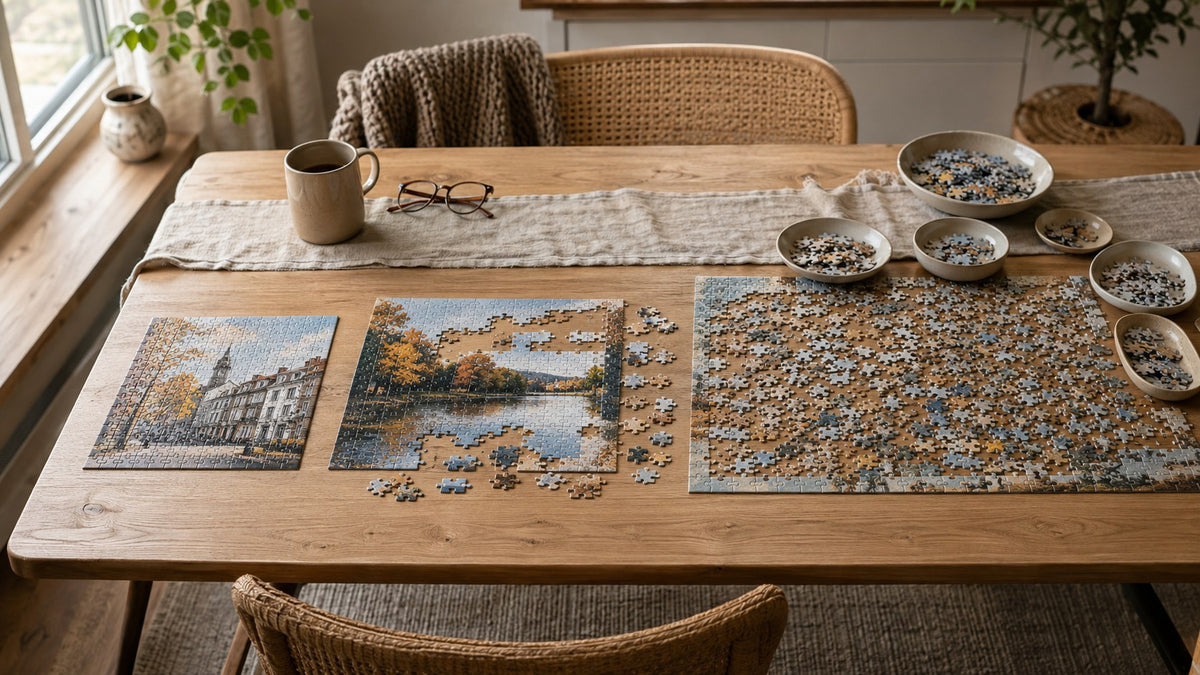 unterschiedliche große Puzzle auf Holztisch, KI-generiert