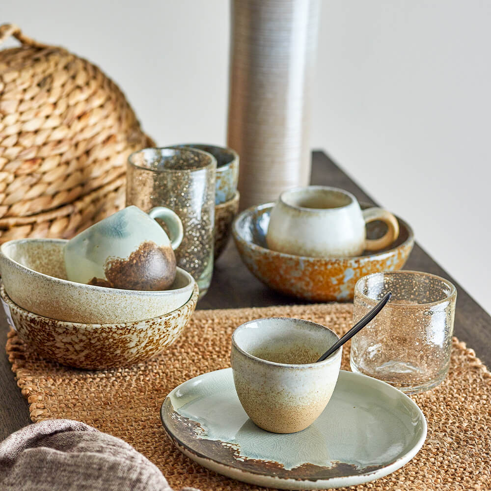 Kaffeetassen-Set (Natur) mit Henkeln, Sprenkelglasur in hellen Erdtönen