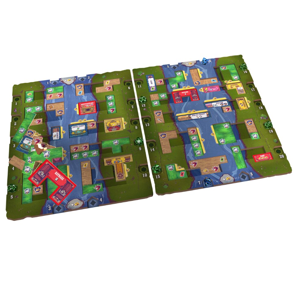 Wild Tiled West Spielfeldkarten mit grüner Landschaft, Gebäudefeldern und Markierungen