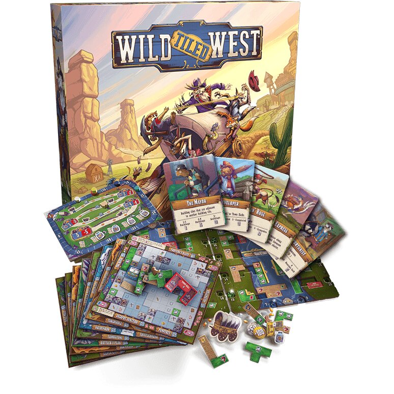 Wild Tiled West Brettspiel-Set in der Box mit Karten und Spielfeldern