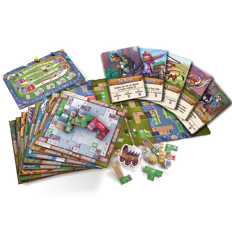 Wild Tiled West mehrere Spielkartenblätter mit farbigen Aufgabenfeldern und Texten