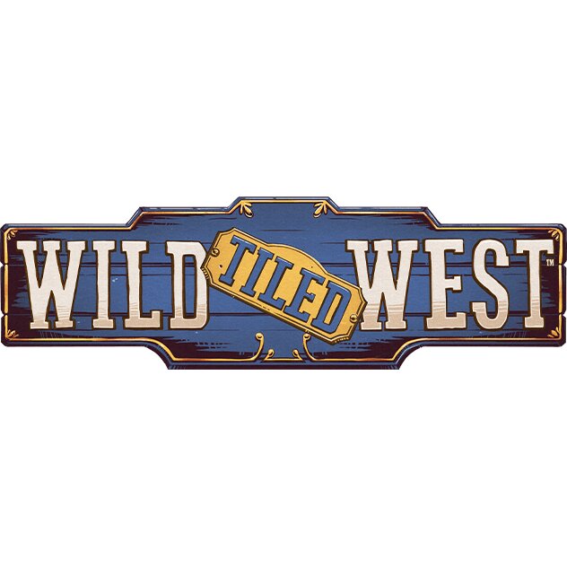 Wild Tiled West Spiel-Branding mit großem Schriftzug auf blauem Rahmen