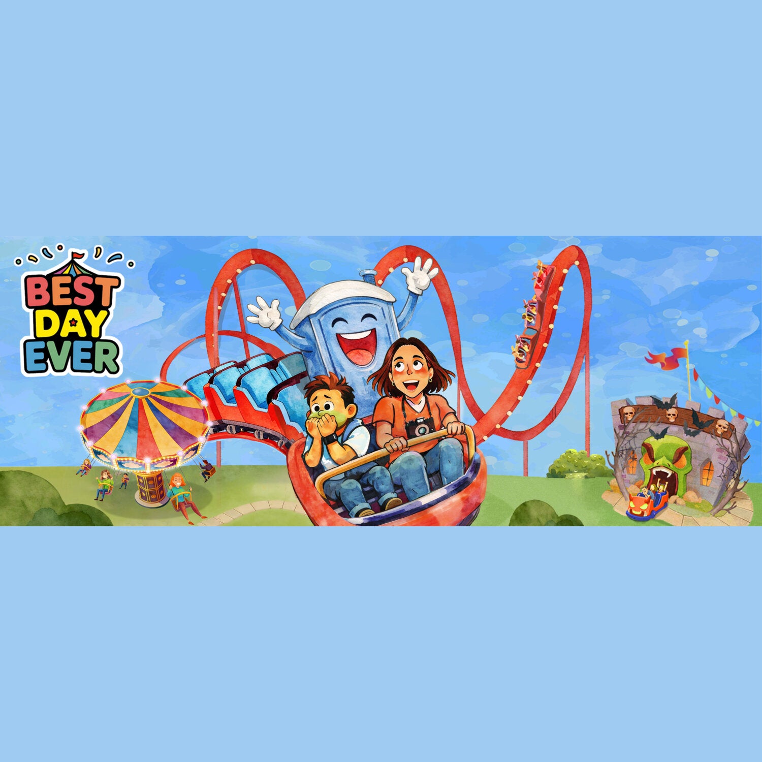 Gesellschaftsspiel „Best Day ever“: Spielbrett-Illustration mit Familie in der Hängematte