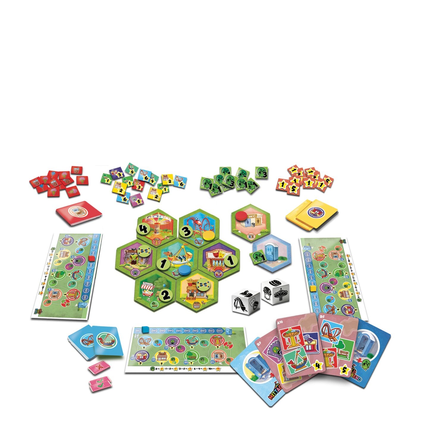 Gesellschaftsspiel „Best Day ever“: Spielmaterial mit Karten, Würfeln und Spielflächen
