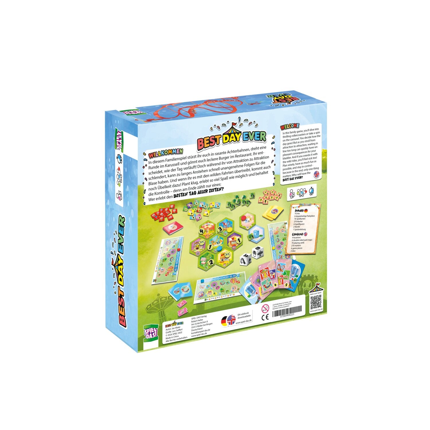 Gesellschaftsspiel „Best Day ever“: Rückseite der Verpackung mit Spielaufbau-Infos