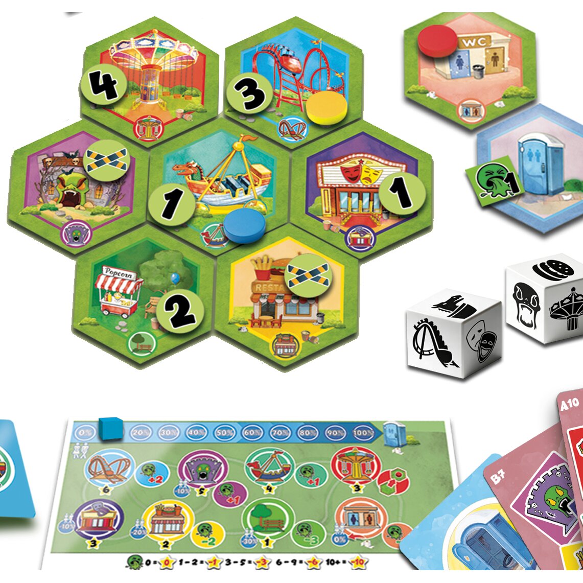 Gesellschaftsspiel „Best Day ever“: sechseckiger Spielplan mit Stationsplättchen und Würfeln