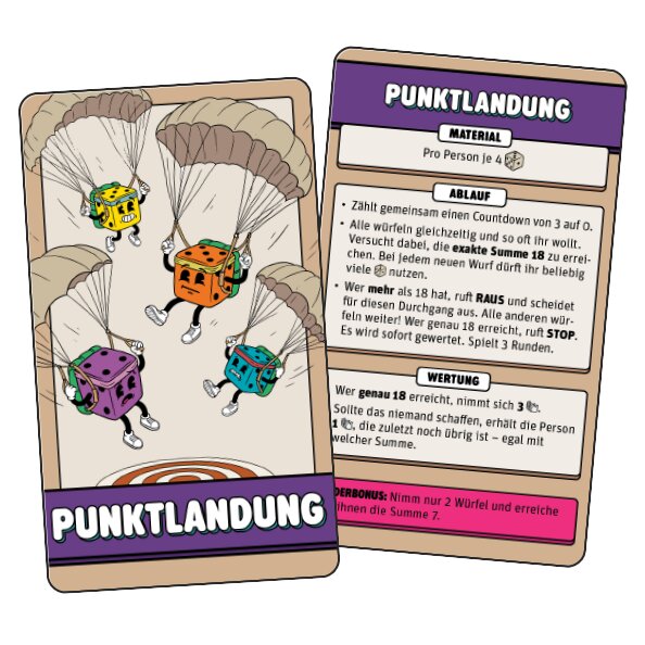 Regelkarten-Set mit „PUNKTlANDUNG“-Ablauf und Motiv aus dem Würfel-Parcours