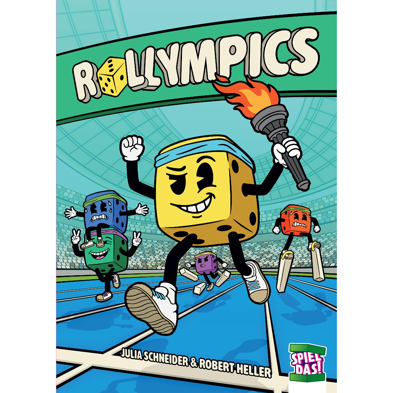 Rollympics Brettspiel-Box Vorderseite mit gelbem Würfel-Charakter und Team im Stadion