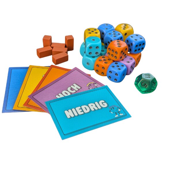 Spielwürfel und Karten mit Markern „HOCH“ und „NIEDRIG“