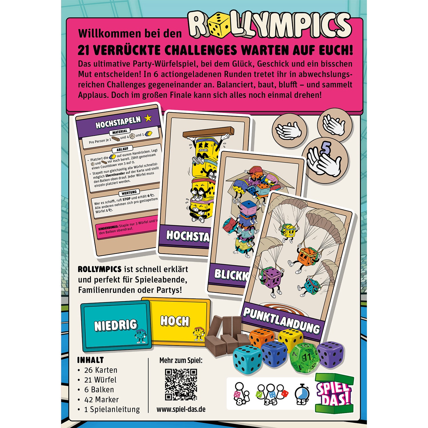 Rollympics Spielanleitung-Rückseite mit Kartenübersicht, Herausforderungen „NIEDRIG/HOCH“