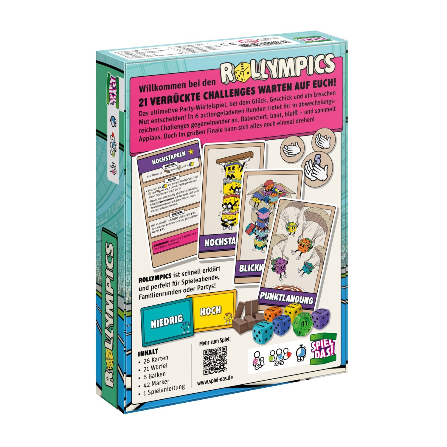 Rollympics Brettspiel-Box Rückseite mit Anleitung, Karten „BLICK“ und „PUNKTlANDUNG“