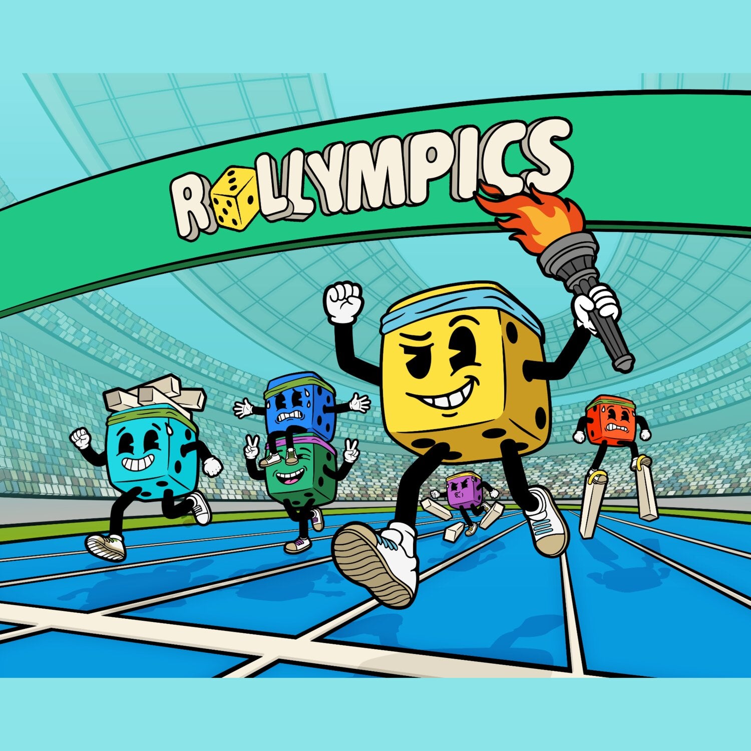 Rollympics Brettspiel-Box Detail mit Cartoon-Würfelteam, laufendem gelben Charakter
