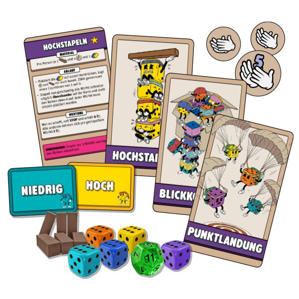 Karten- und Würfel-Set aus Rollympics mit „NIEDRIG“, „HOCH“ und „PUNKTlANDUNG“