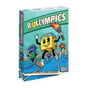 Rollympics Brettspiel-Box mit Cartoon-Charakter, Mikrofon und Würfel-Arenamotiv
