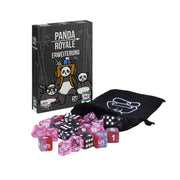 Panda Royale Erweiterung: schwarze Stofftasche, bunte Würfel und Spielbox