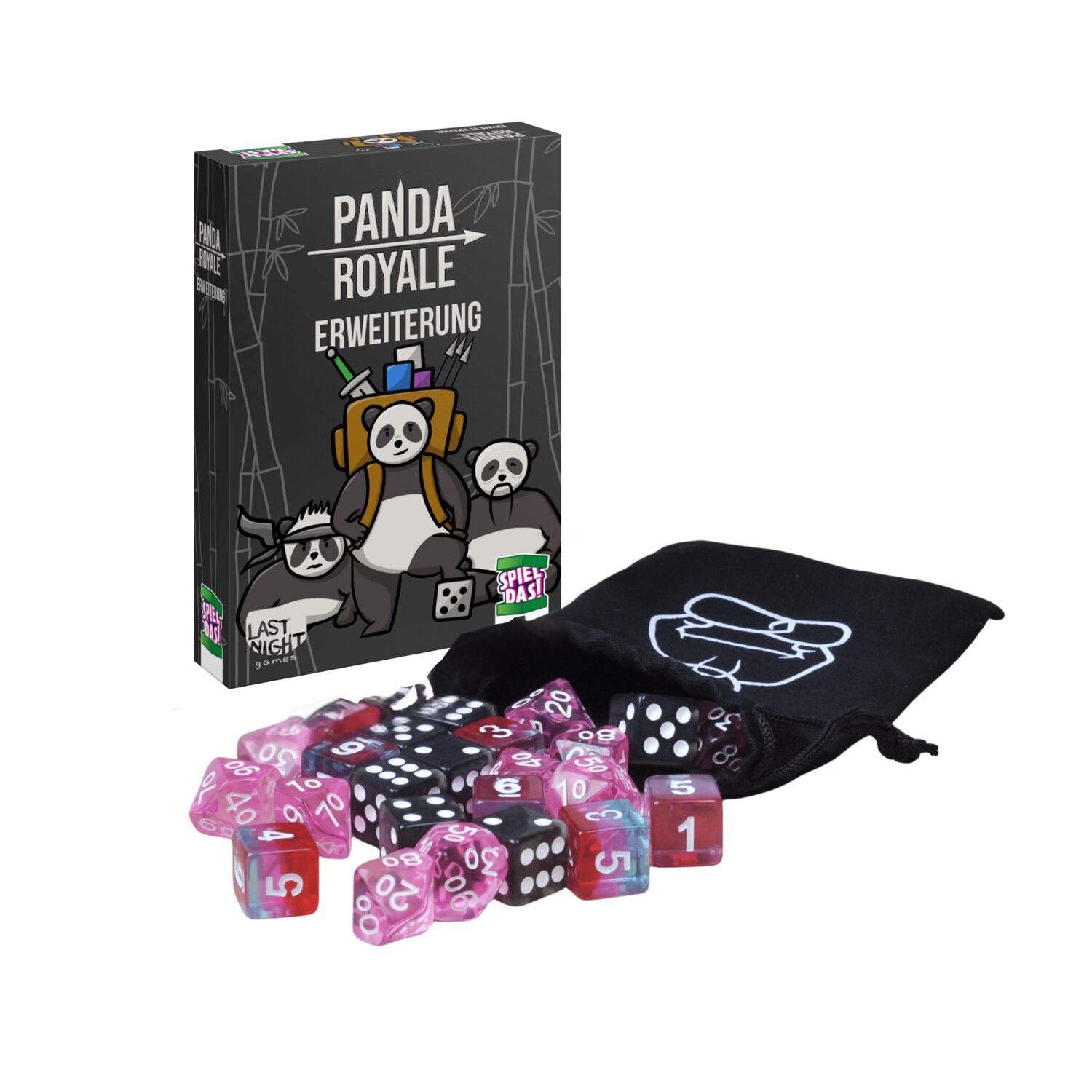 Panda Royale Erweiterung: schwarze Stofftasche, bunte Würfel und Spielbox